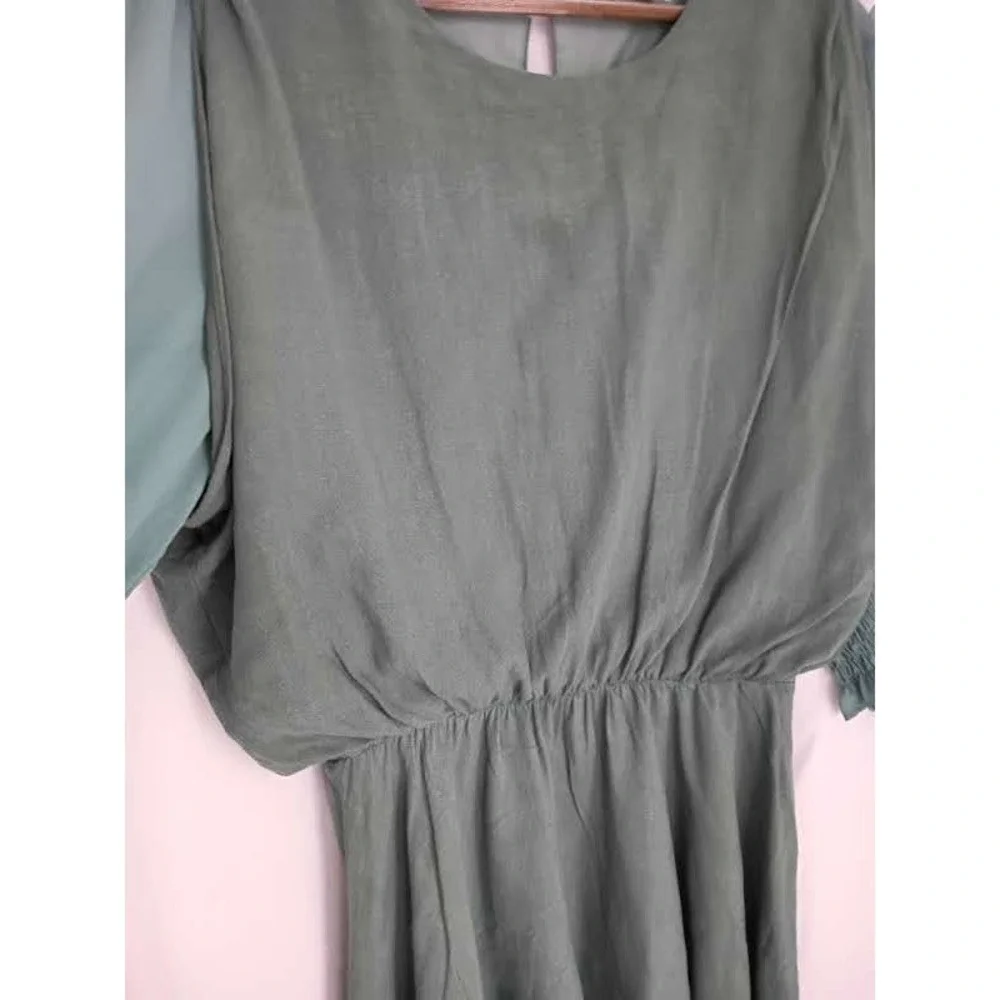 UMGEE‎ Sage Green Linen Mini Dress Blue Contrast Slve Smocked Cuff S Cottagecore